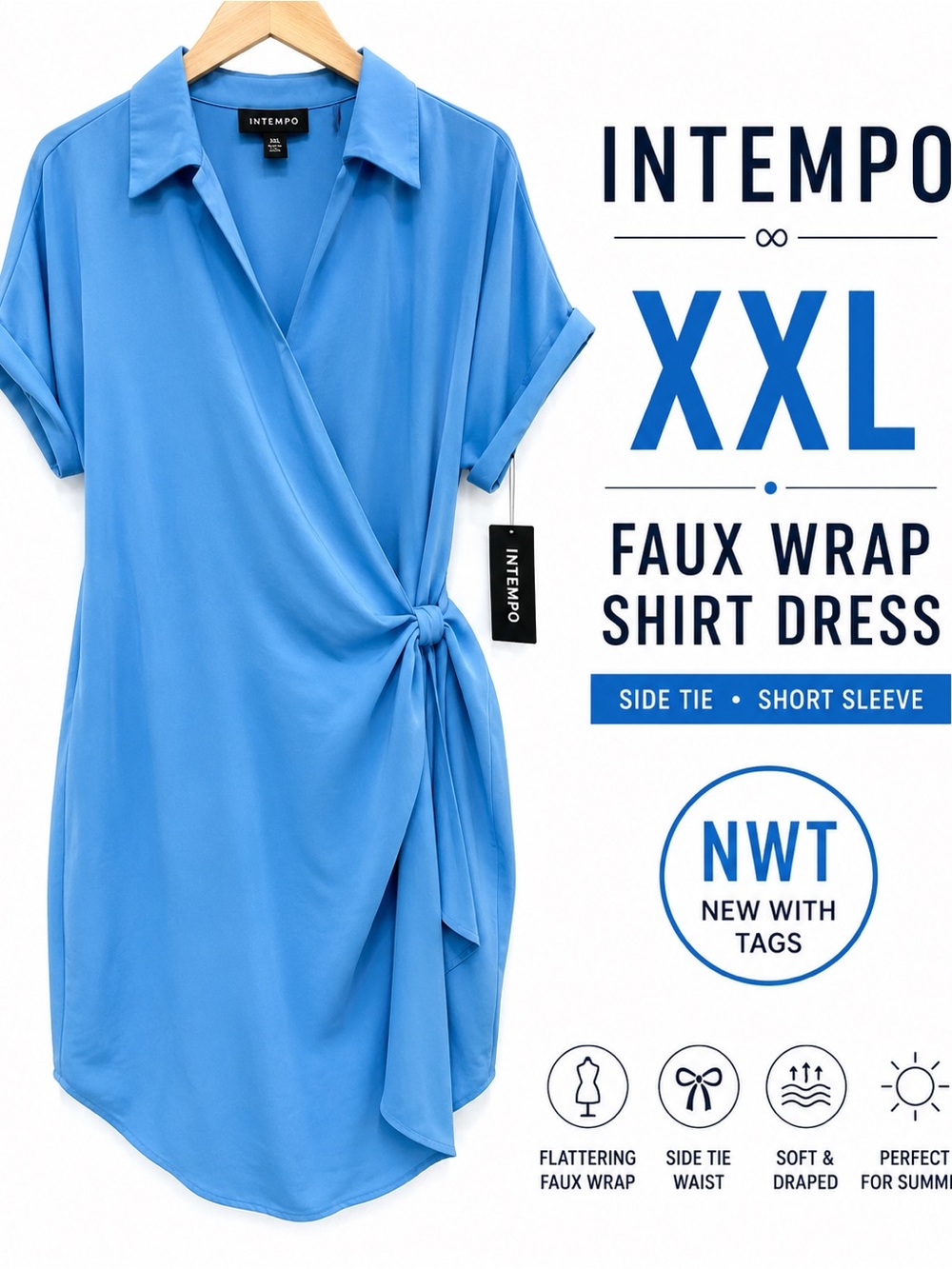 Intempo XXL NWT Blue Faux Wrap Shirt Dress Side Tie Short Sleeve
